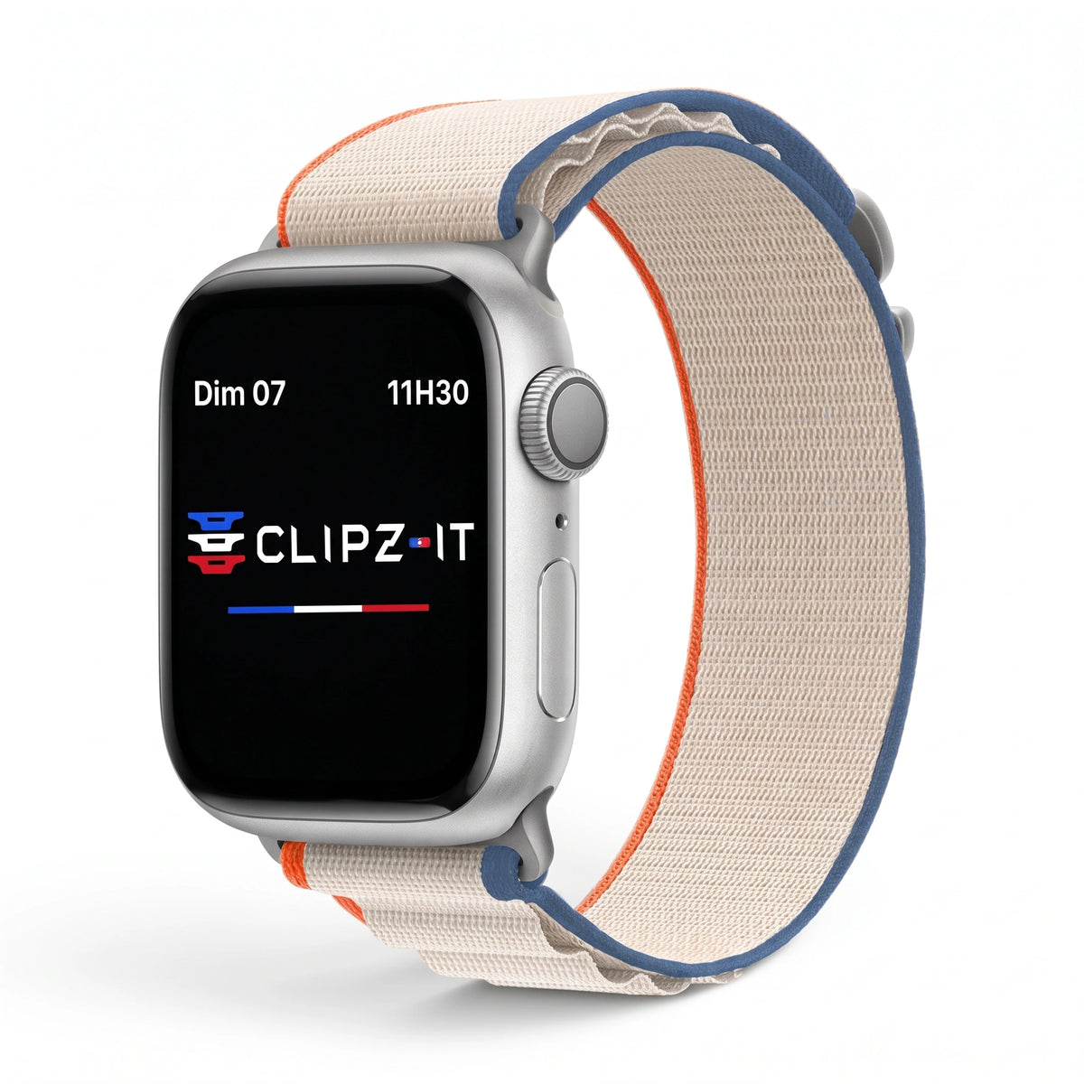 Bracelet Massif nylon sportif argent, vue de face 2 - Apple Watch | Clipz-it