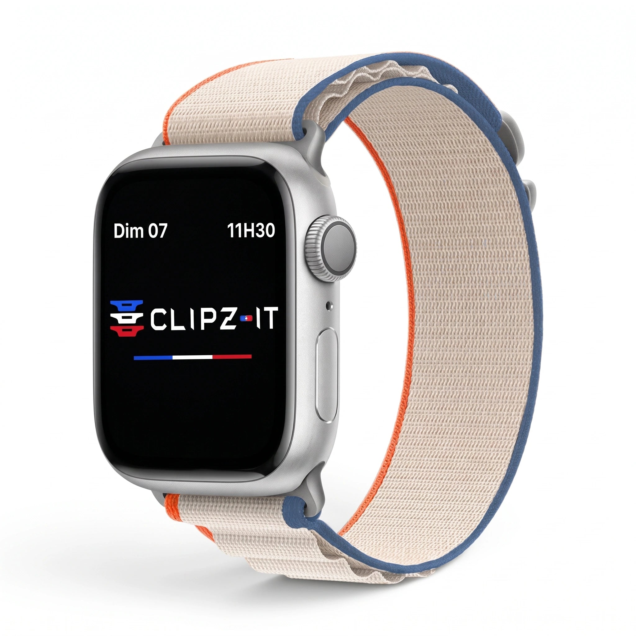 Bracelet Massif nylon sportif argent, vue de face 2 - Apple Watch | Clipz-it