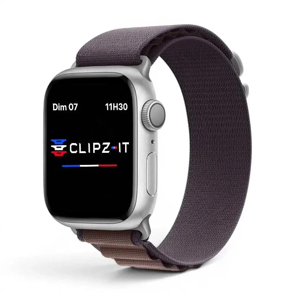 Bracelet Massif nylon sportif argent, vue de face 3 - Apple Watch | Clipz-it