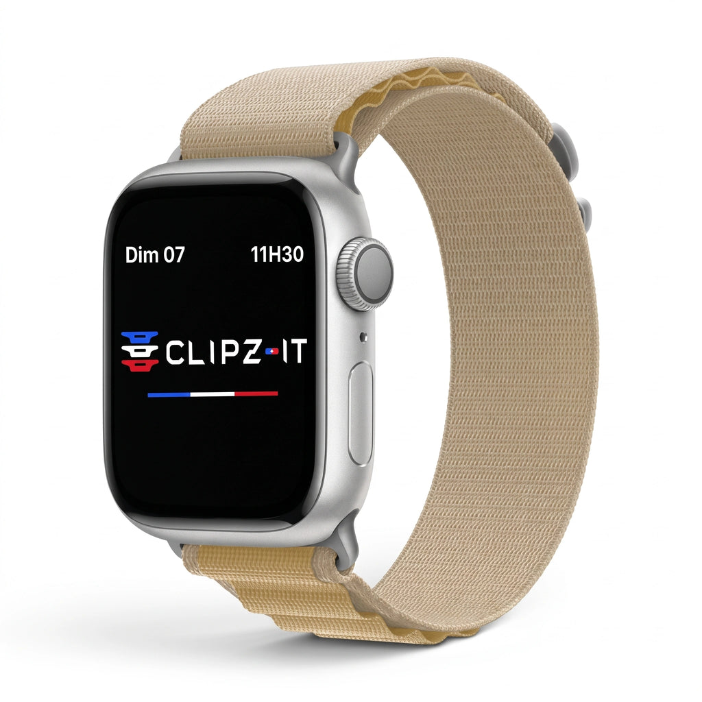 Bracelet Massif nylon sportif argent, vue de face - Apple Watch | Clipz-it