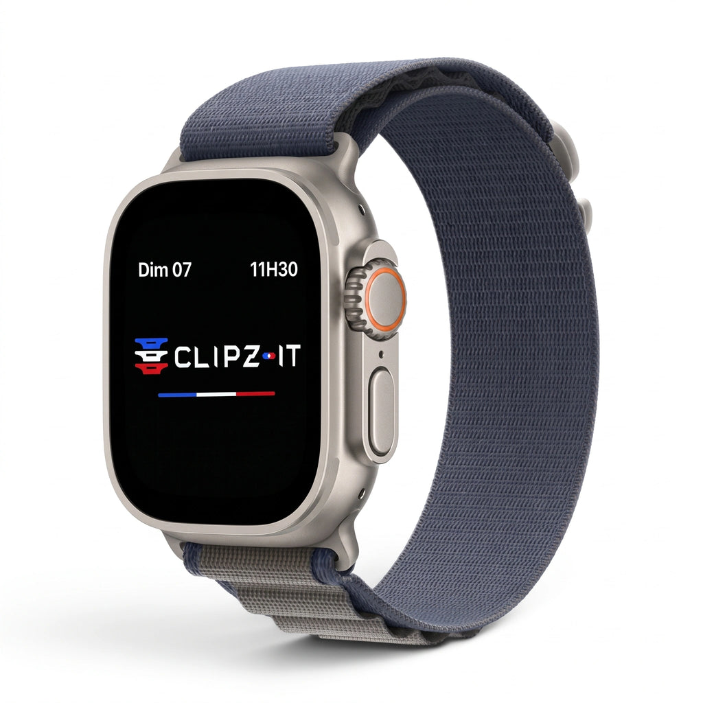 Bracelet Massif nylon sportif bleu, vue de face 3 - Apple Watch | Clipz-it