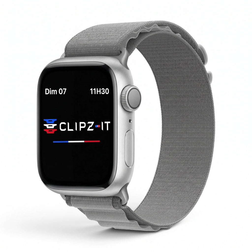 Bracelet Massif nylon sportif gris, vue de face 2 - Apple Watch | Clipz-it