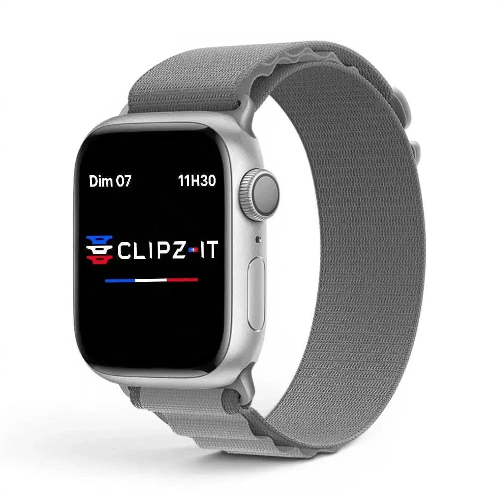 Bracelet Massif nylon sportif gris, vue de face 2 - Apple Watch | Clipz-it