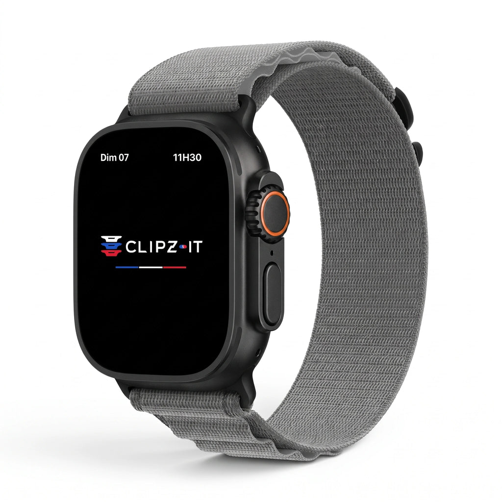 Bracelet Massif nylon sportif gris, vue de face - Apple Watch | Clipz-it