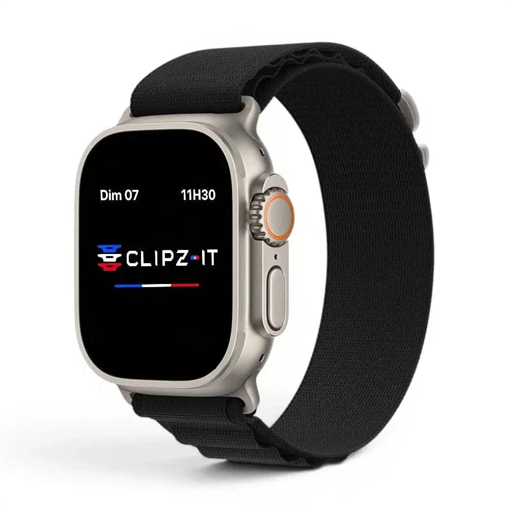 Bracelet Massif nylon sportif noir, vue de face 2 - Apple Watch | Clipz-it