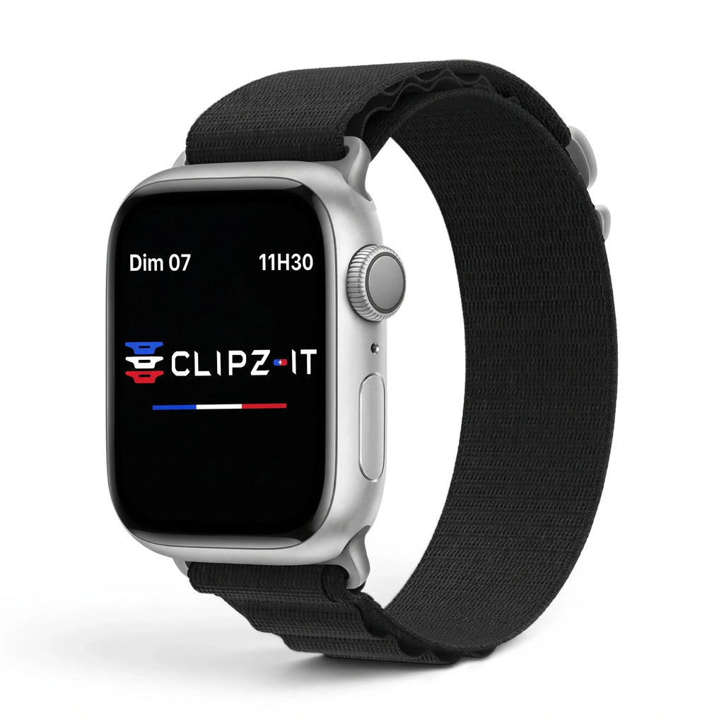 Bracelet Massif nylon sportif noir, vue de face - Apple Watch | Clipz-it