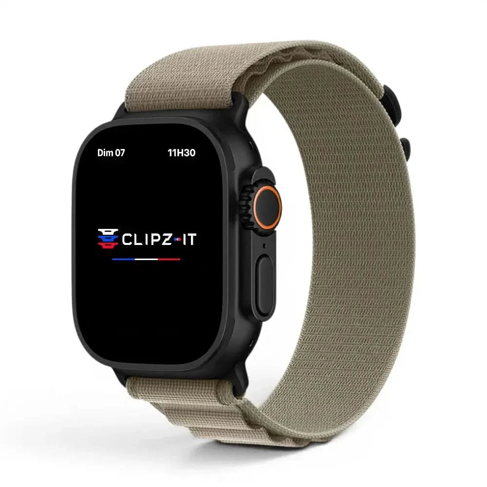 Bracelet Massif nylon sportif vert militaire, vue de face - Apple Watch | Clipz-it