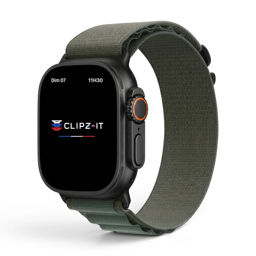 Bracelet Massif nylon sportif vert sapin, vue de face - Apple Watch | Clipz-it