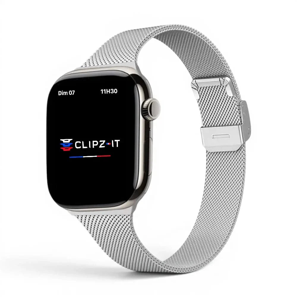 Bracelet Milan acier inoxydable argenté, vue de face - Apple Watch | Clipz-it