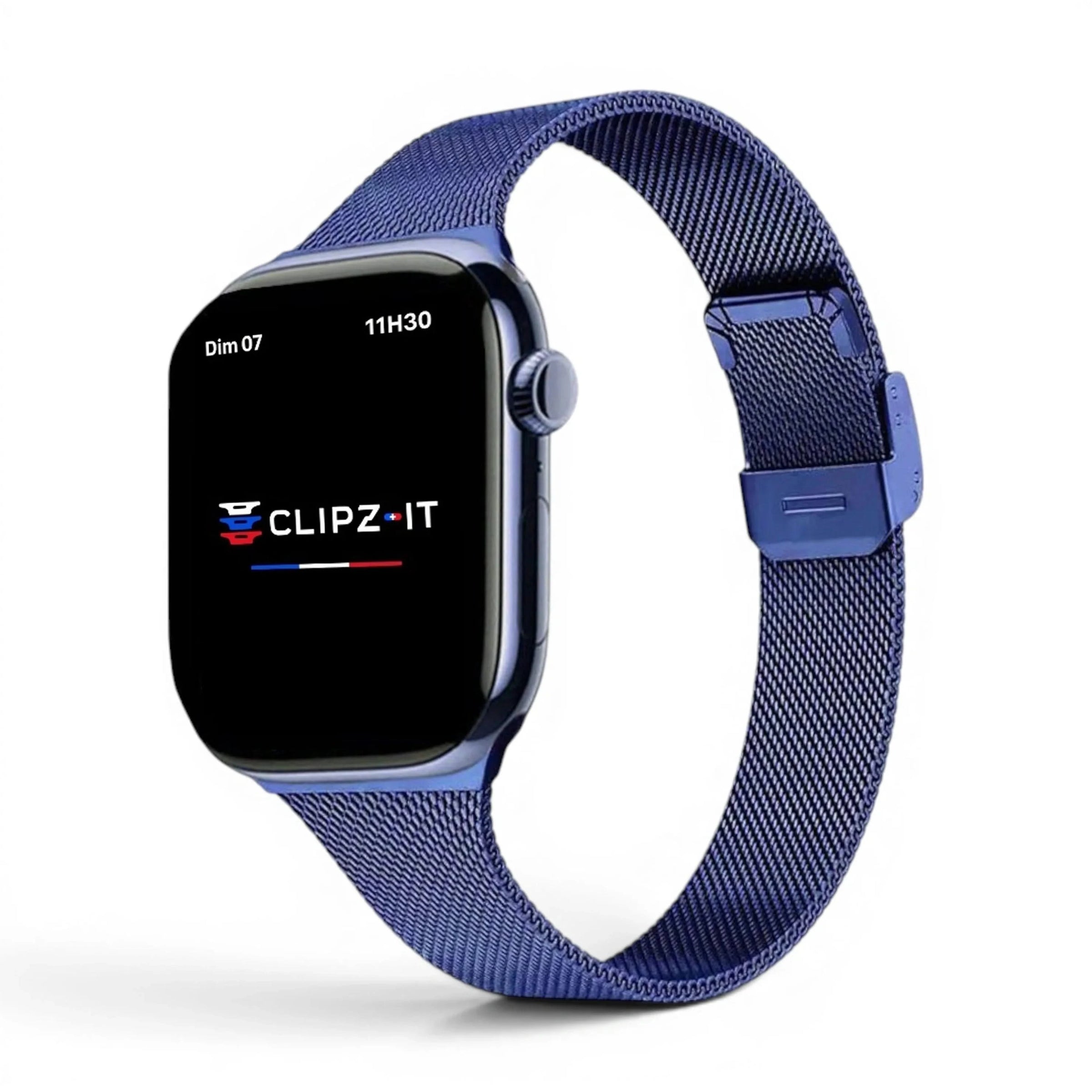 Bracelet Milan acier inoxydable bleu, vue de face - Apple Watch | Clipz-it