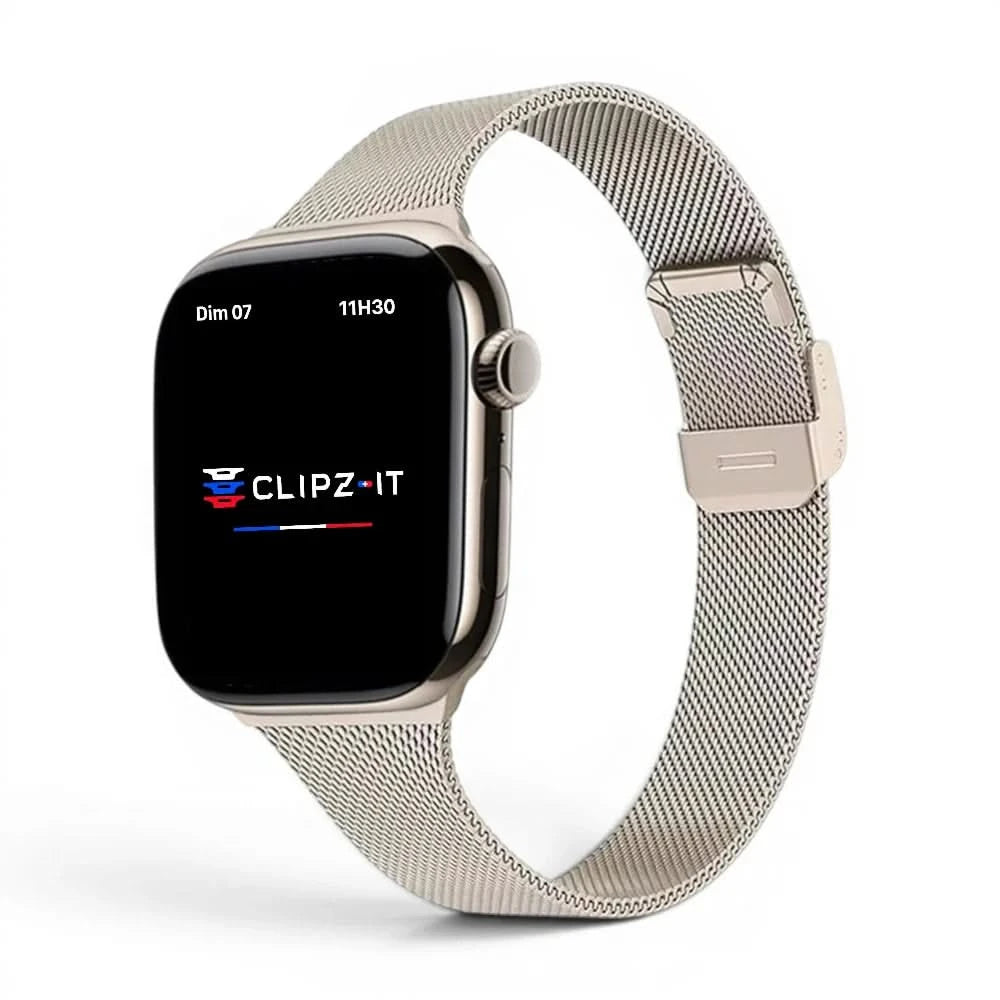 Bracelet Milan acier inoxydable lumière stellaire, vue de face - Apple Watch | Clipz-it