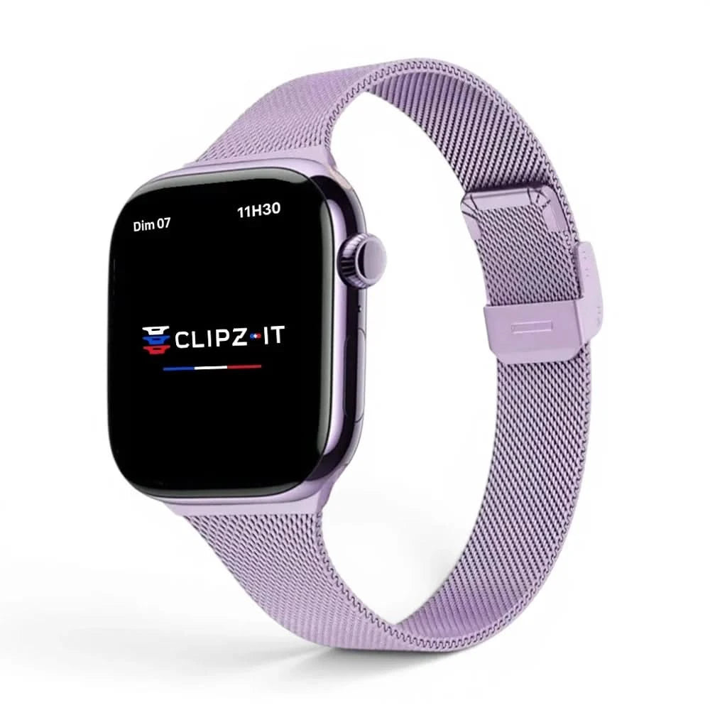Bracelet Milan acier inoxydable mauve, vue de face - Apple Watch | Clipz-it