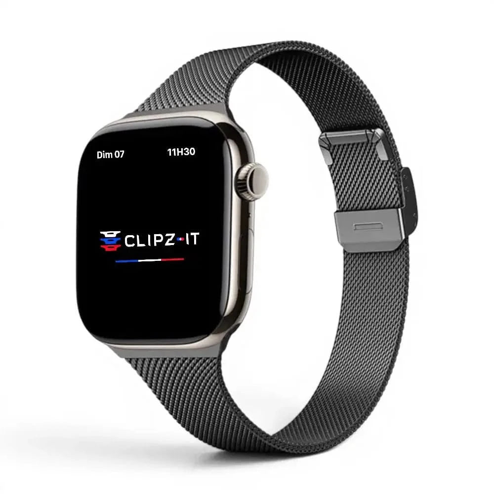 Bracelet Milan acier inoxydable noir, vue de face - Apple Watch | Clipz-it