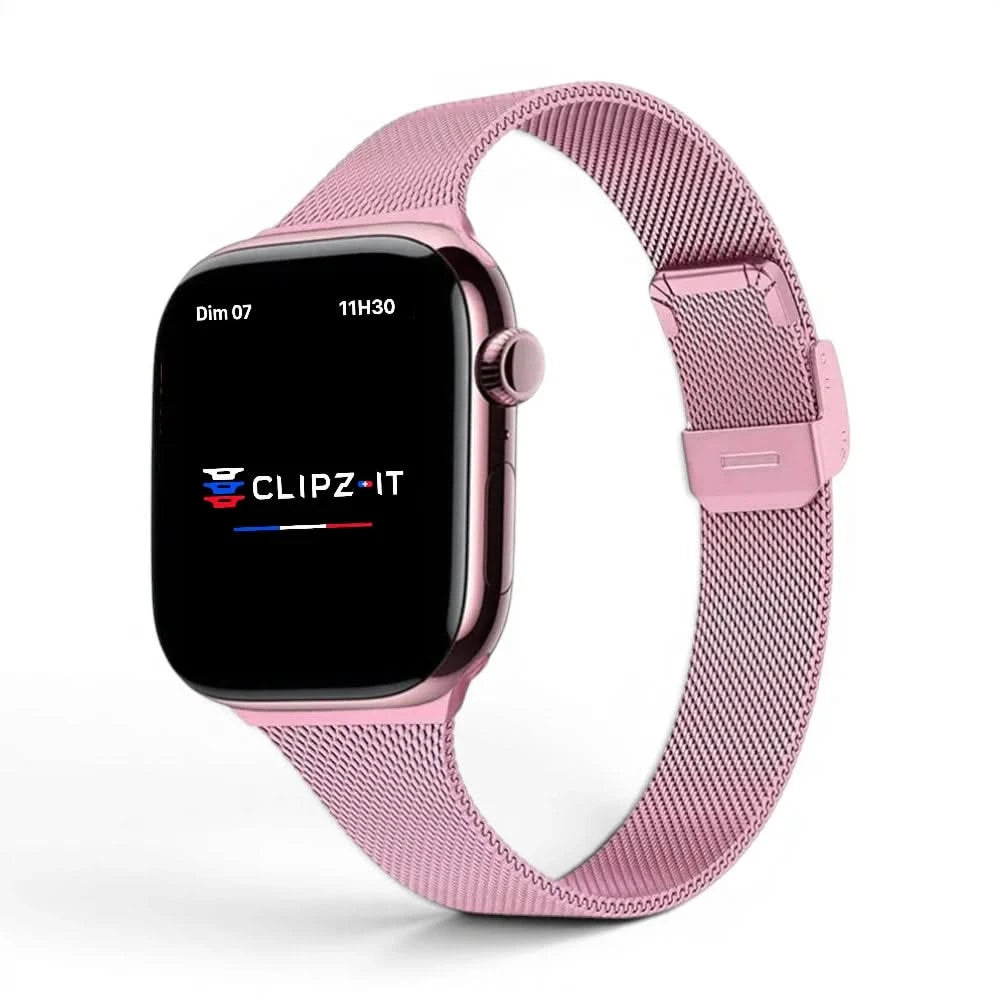 Bracelet Milan acier inoxydable rose, vue de face - Apple Watch | Clipz-it