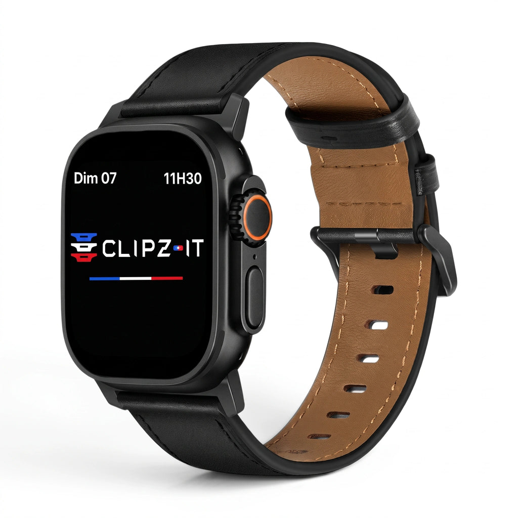 Bracelet Milano cuir nappa graphite, vue de face 2 - Apple Watch | Clipz-it