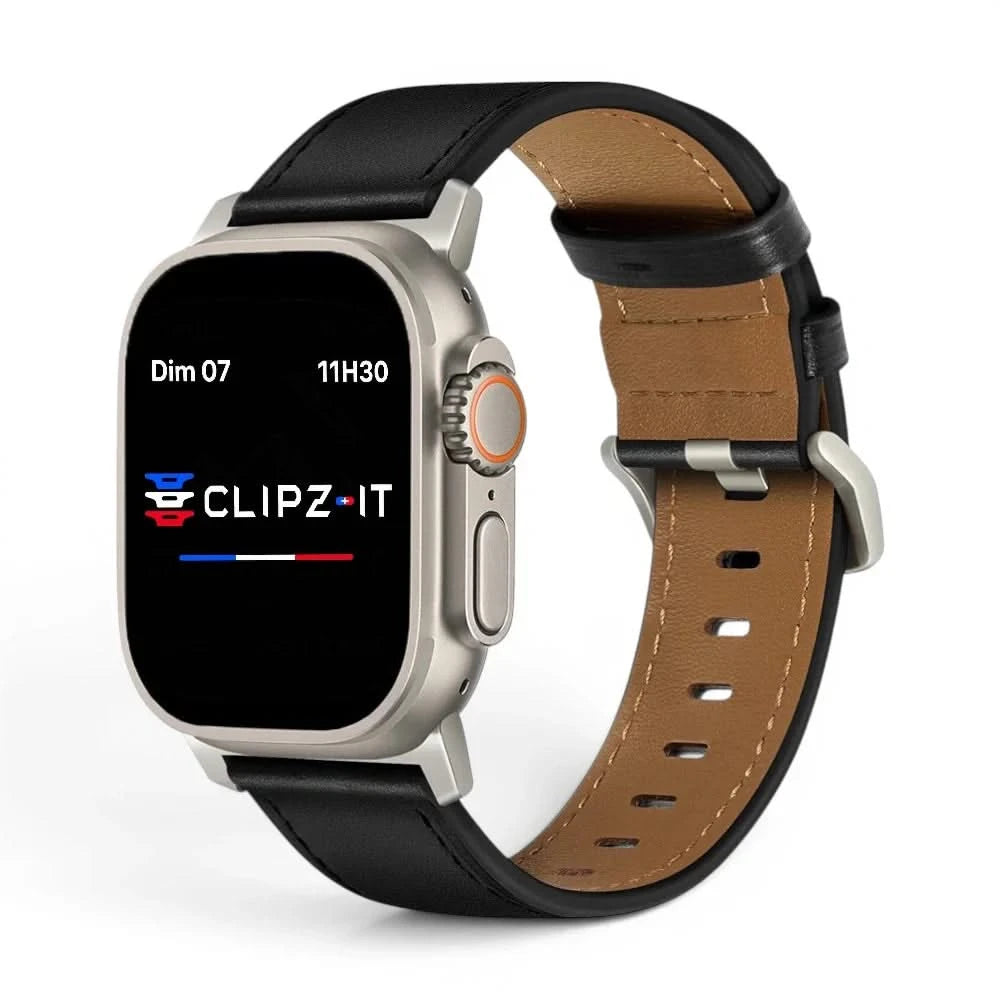 Bracelet Milano cuir nappa graphite, vue de face - Apple Watch | Clipz-it
