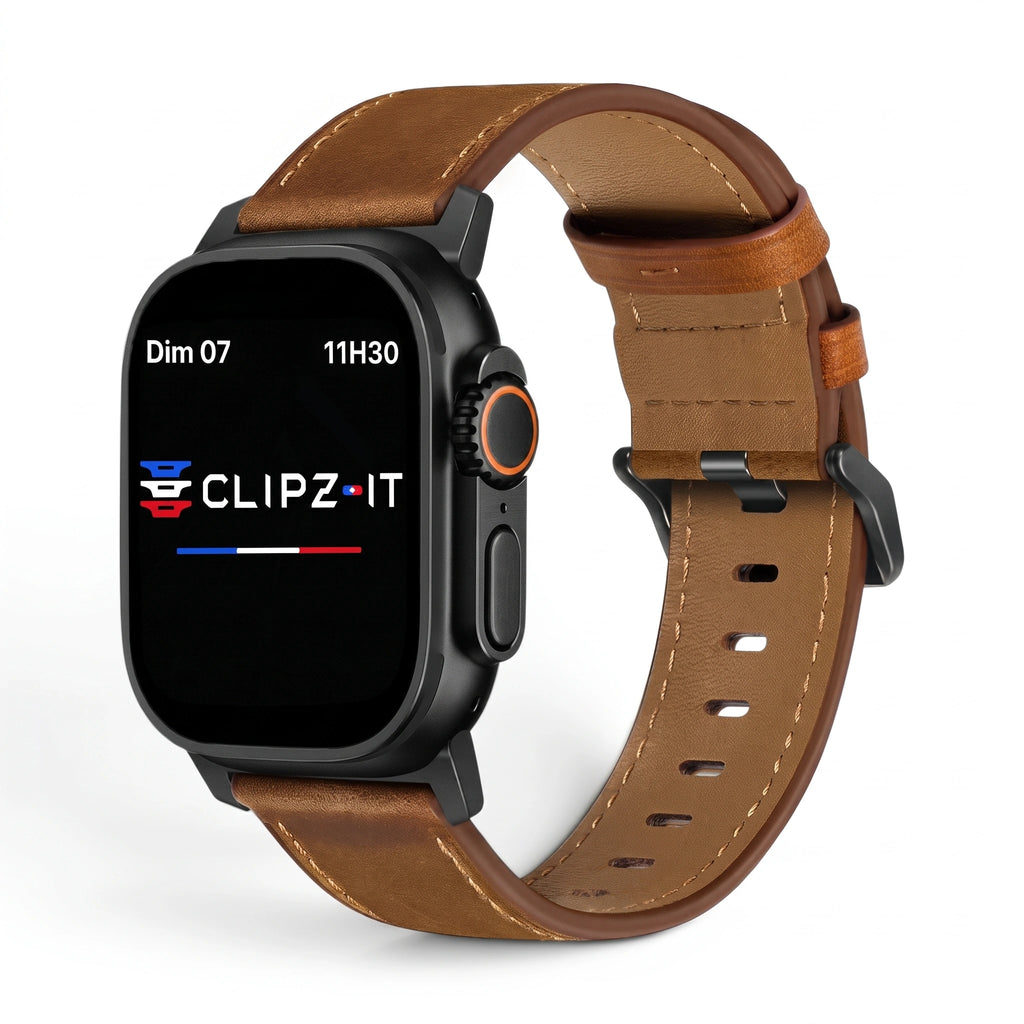 Bracelet Milano cuir nappa marron, vue de face 2 - Apple Watch | Clipz-it
