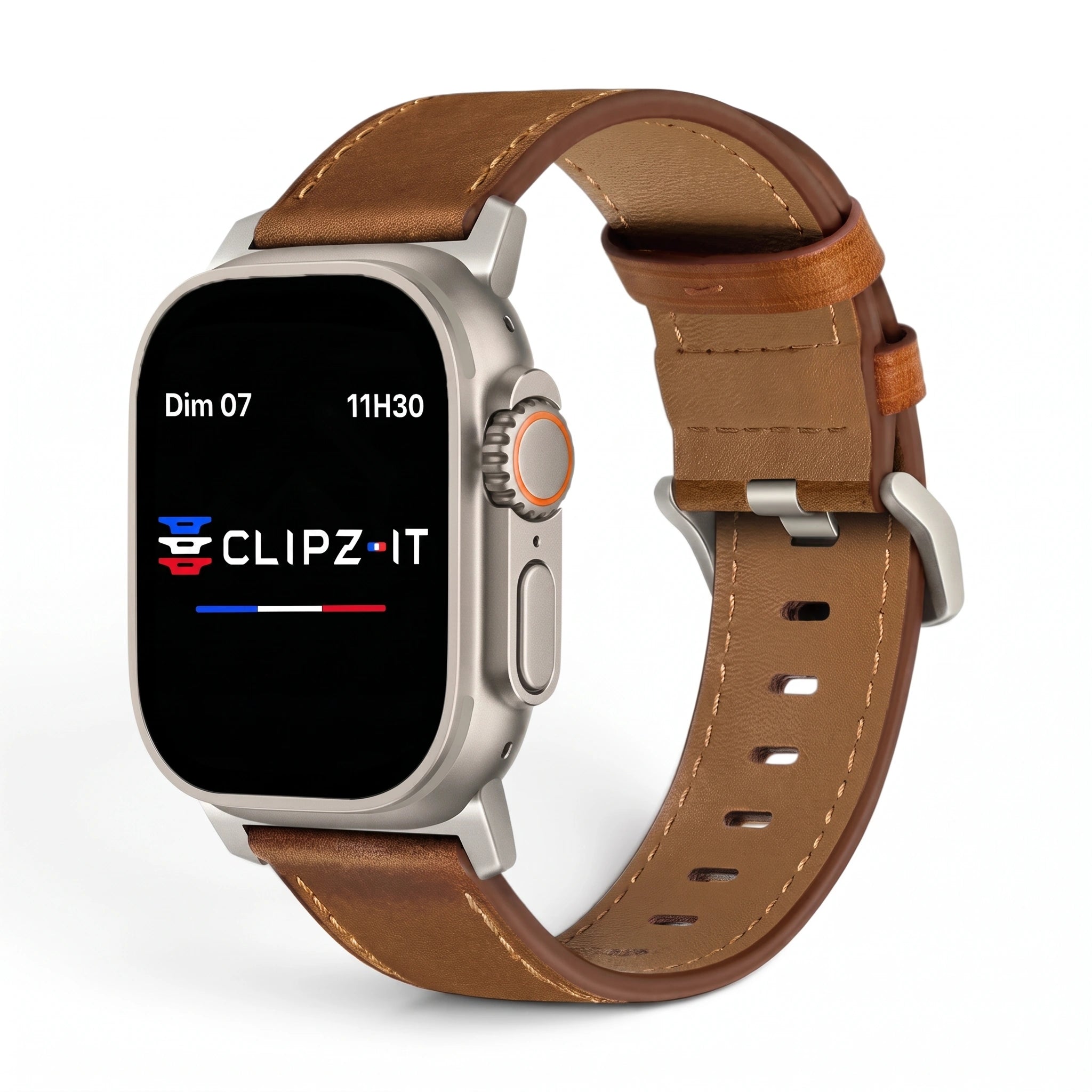 Bracelet Milano cuir nappa marron, vue de face - Apple Watch | Clipz-it