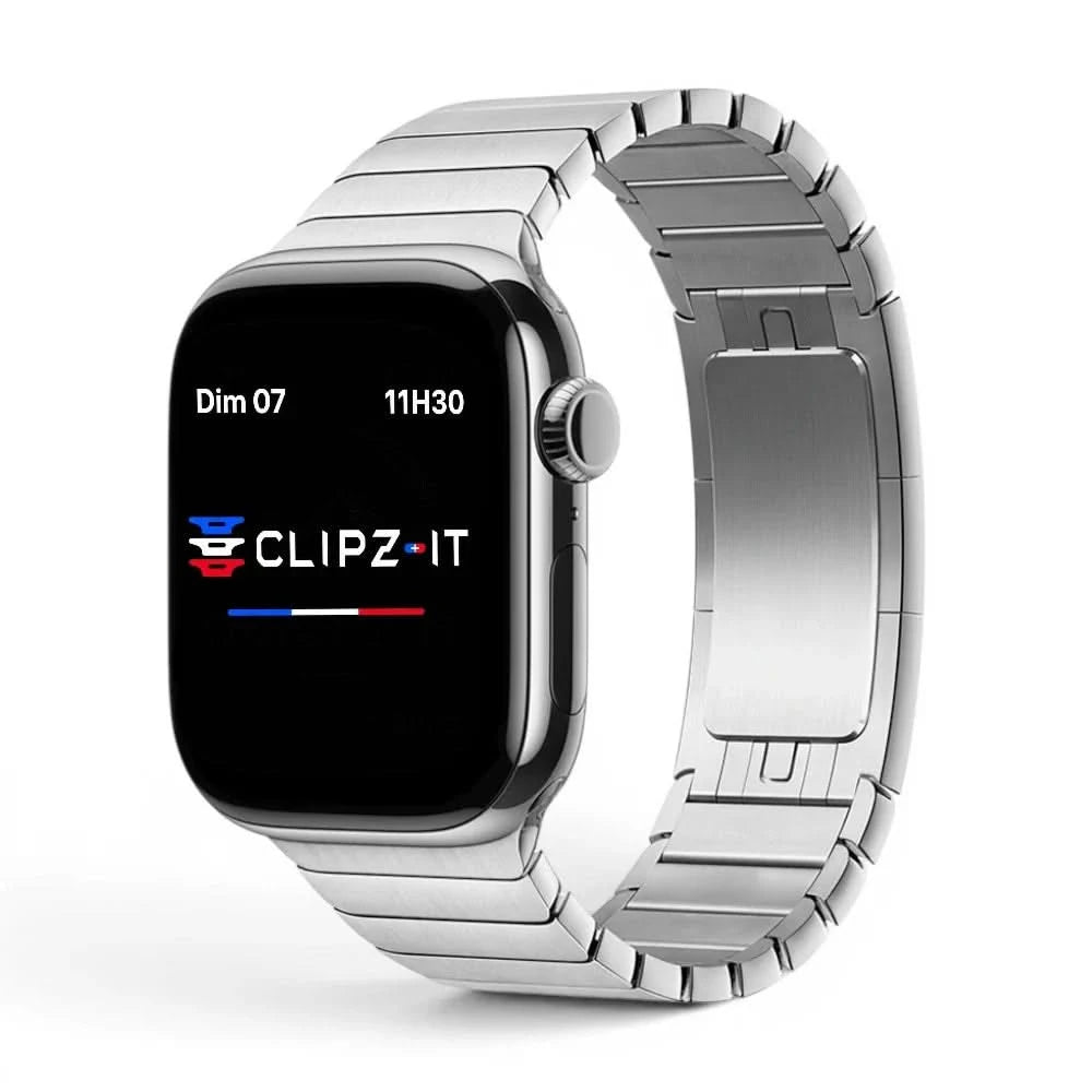 Bracelet Modula acier maillons modernes argent, vue de face - Apple Watch | Clipz-it