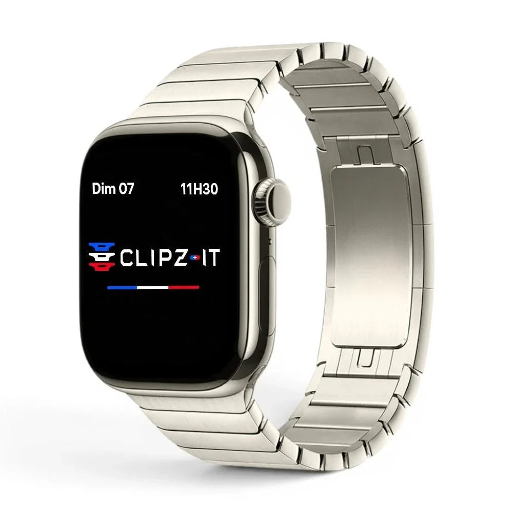 Bracelet Modula acier maillons modernes lumière stéllaire, vue de face - Apple Watch | Clipz-it