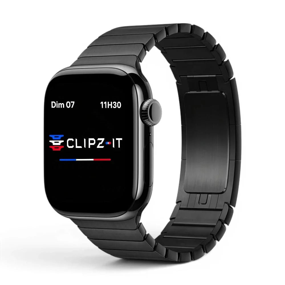 Bracelet Modula acier maillons modernes noir, vue de face - Apple Watch | Clipz-it