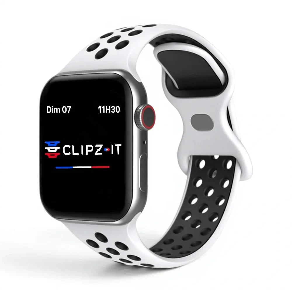 Bracelet Motion silicone sportif blanc, vue de face - Apple Watch | Clipz-it