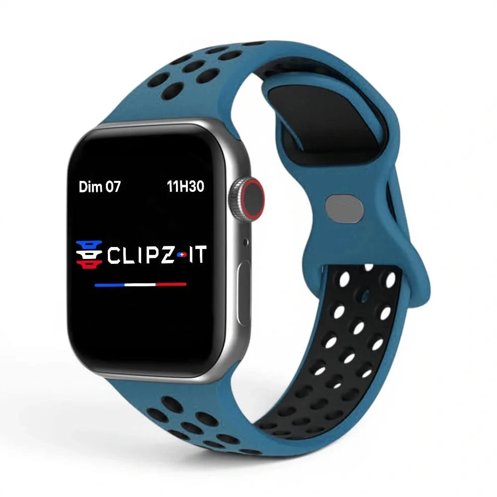 Bracelet Motion silicone sportif bleu océan, vue de face - Apple Watch | Clipz-it