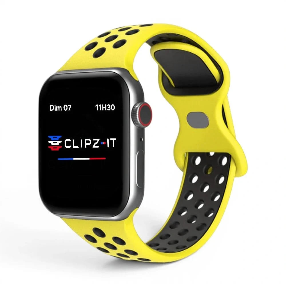 Bracelet Motion silicone sportif jaune, vue de face - Apple Watch | Clipz-it