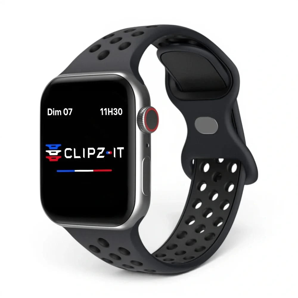 Bracelet Motion silicone sportif noir, vue de face - Apple Watch | Clipz-it