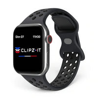 Bracelet Motion silicone sportif noir, vue de face - Apple Watch | Clipz-it