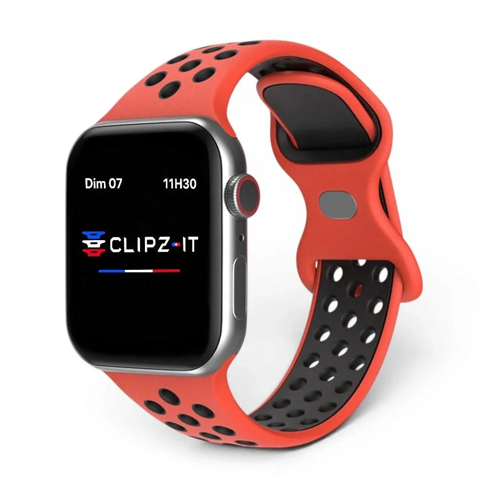 Bracelet Motion silicone sportif rouge, vue de face - Apple Watch | Clipz-it