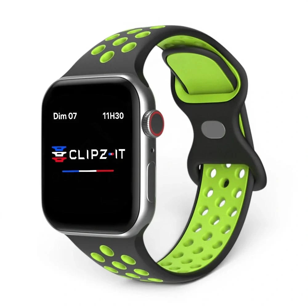 Bracelet Motion silicone sportif vert, vue de face - Apple Watch | Clipz-it