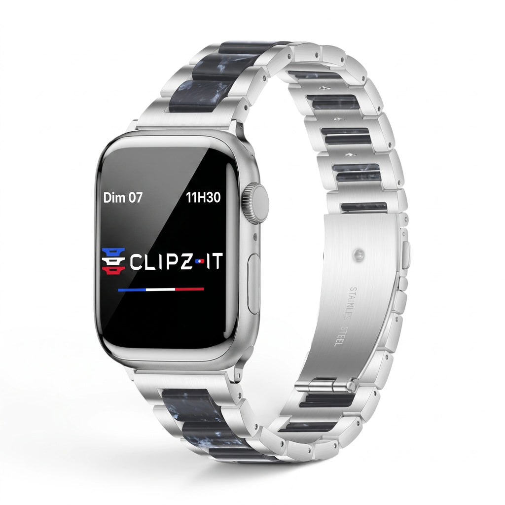Bracelet Nacre acier inoxydable blue, vue de face 2 - Apple Watch | Clipz-it