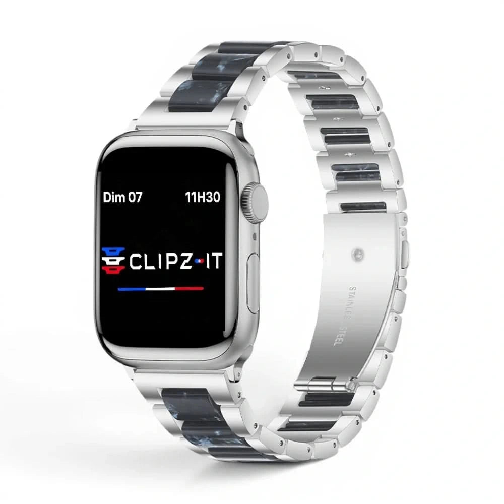 Bracelet Nacre acier inoxydable blue, vue de face 2 - Apple Watch | Clipz-it