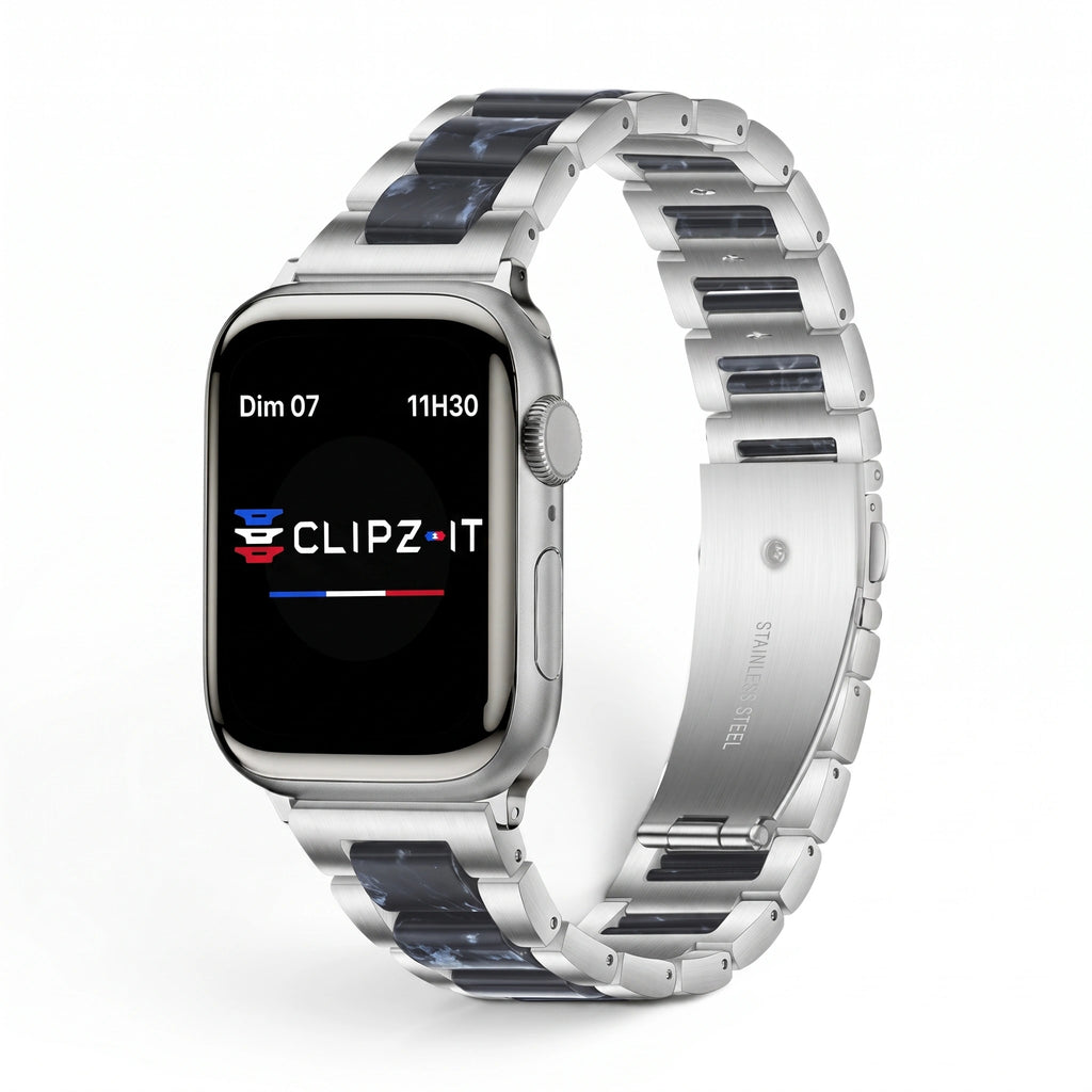 Bracelet Nacre acier inoxydable blue, vue de face 3 - Apple Watch | Clipz-it