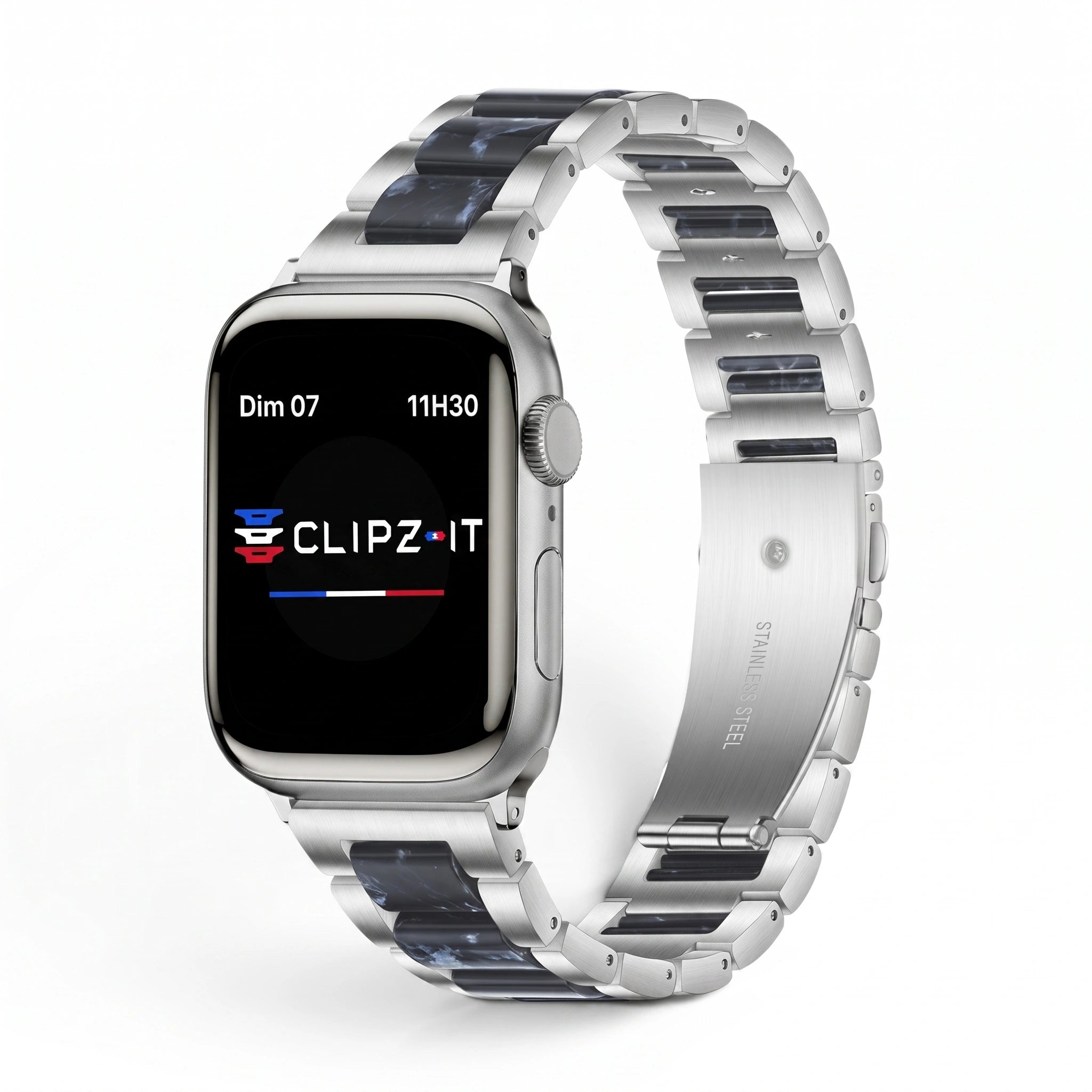 Bracelet Nacre acier inoxydable blue, vue de face 3 - Apple Watch | Clipz-it