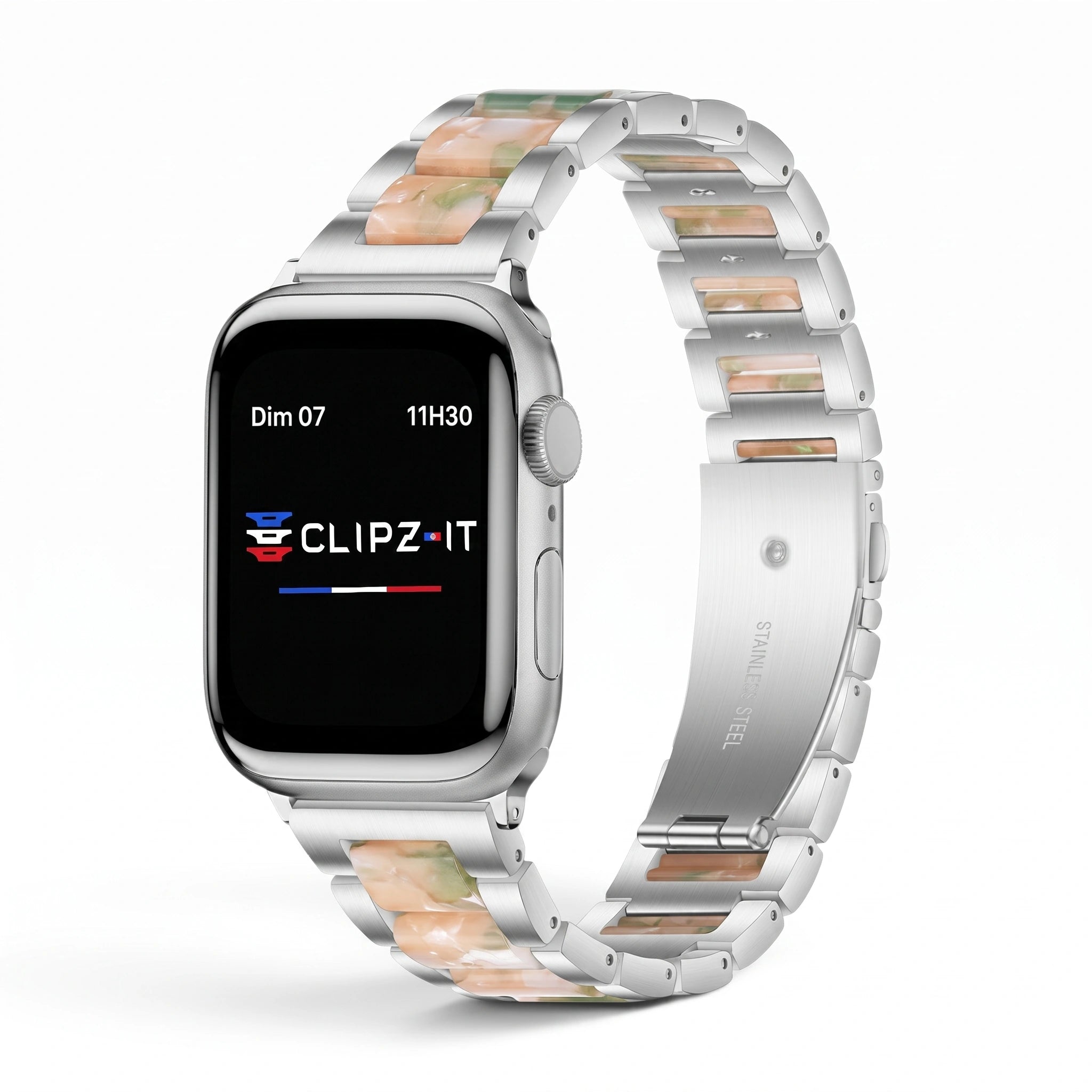 Bracelet Nacre acier inoxydable nacre, vue de face 4 - Apple Watch | Clipz-it