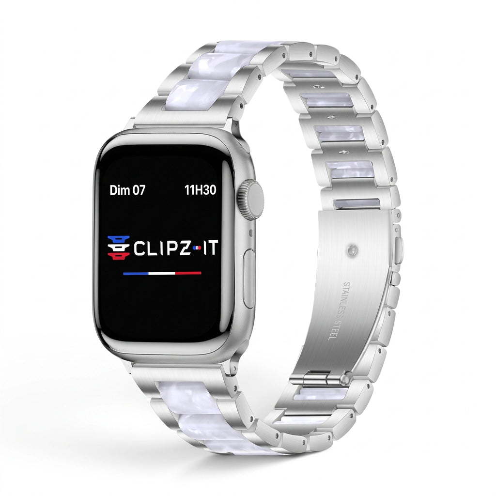 Bracelet Nacre acier inoxydable nacre, vue 2 - Apple Watch | Clipz-it