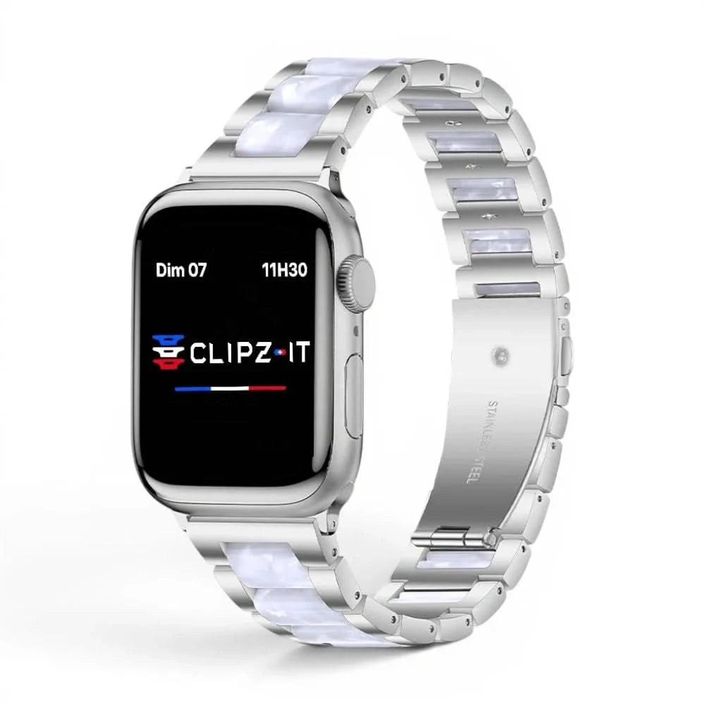 Bracelet Nacre acier inoxydable nacre, vue 2 - Apple Watch | Clipz-it