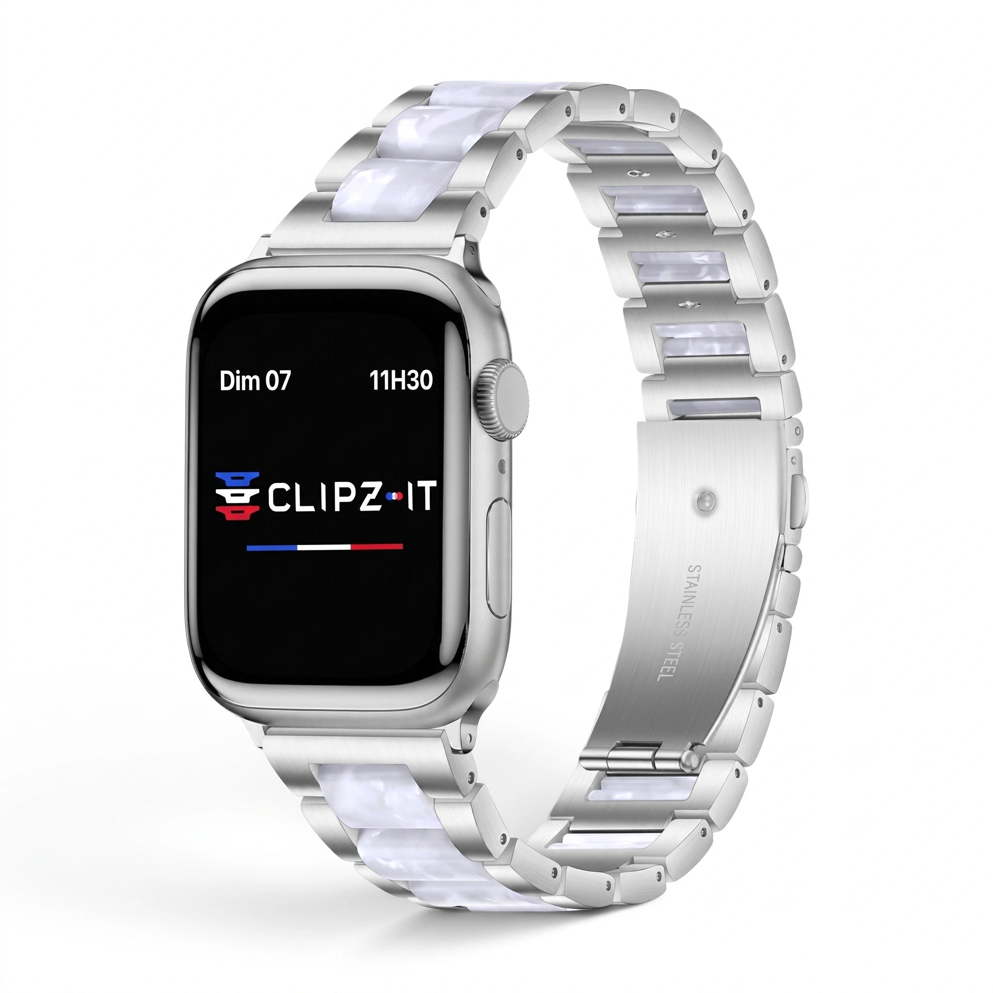 Bracelet Nacre acier inoxydable nacre, vue 2 - Apple Watch | Clipz-it