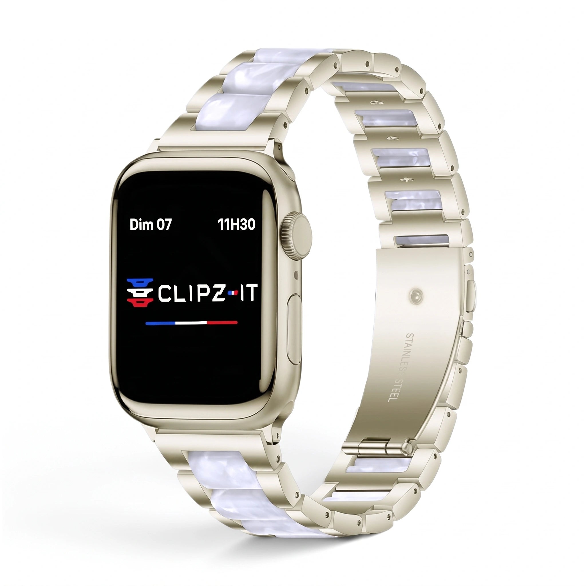 Bracelet Nacre acier inoxydable nacre, vue 4 - Apple Watch | Clipz-it