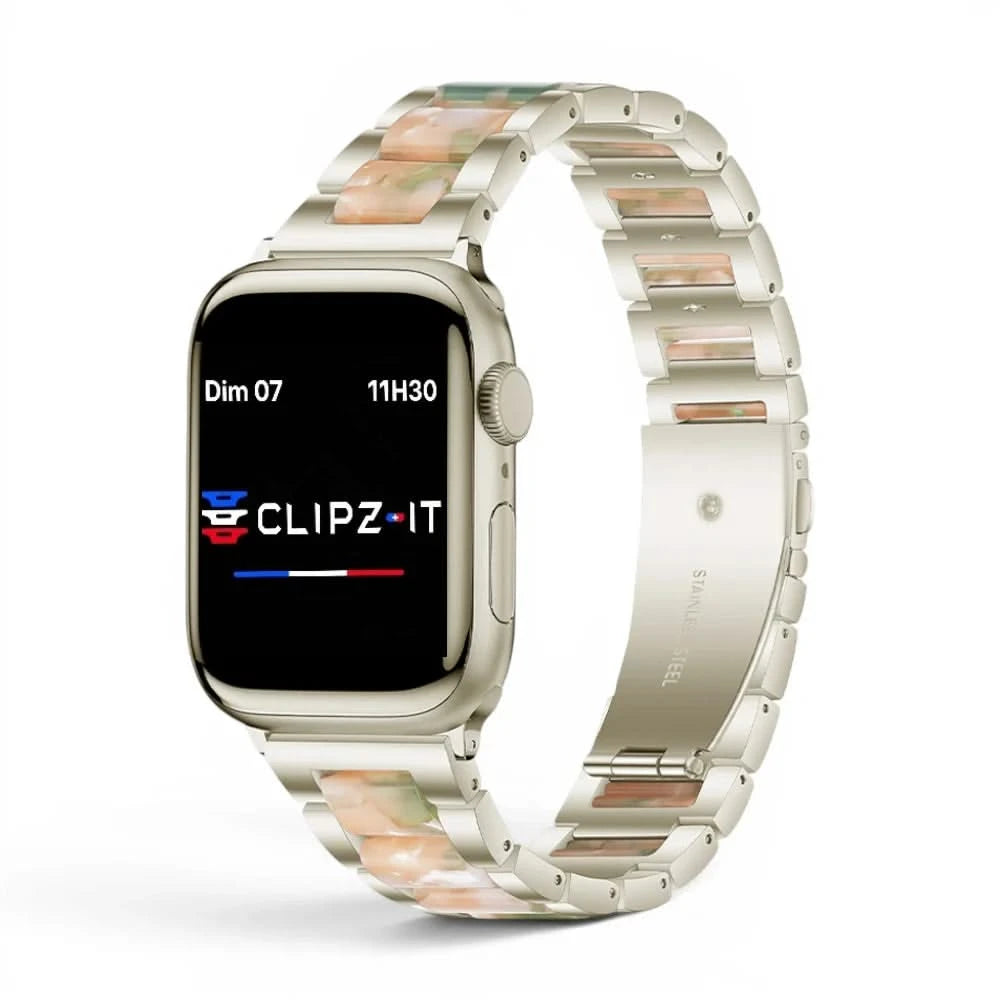 Bracelet Nacre acier inoxydable pink, vue de face 2 - Apple Watch | Clipz-it