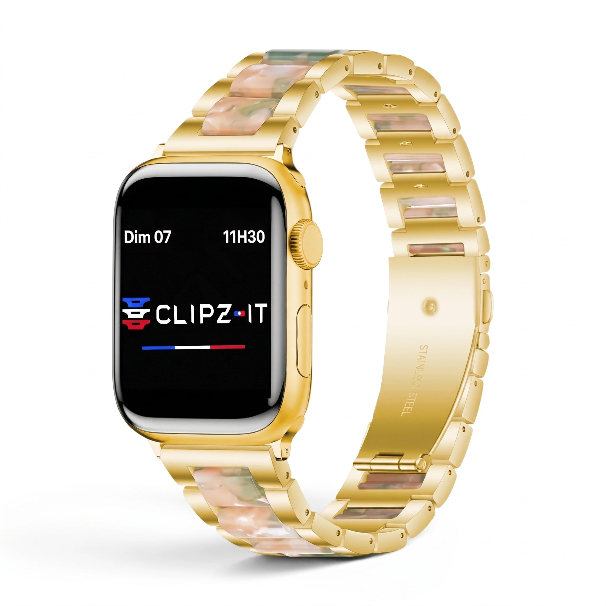 Bracelet Nacre acier inoxydable pink, vue de face 3 - Apple Watch | Clipz-it