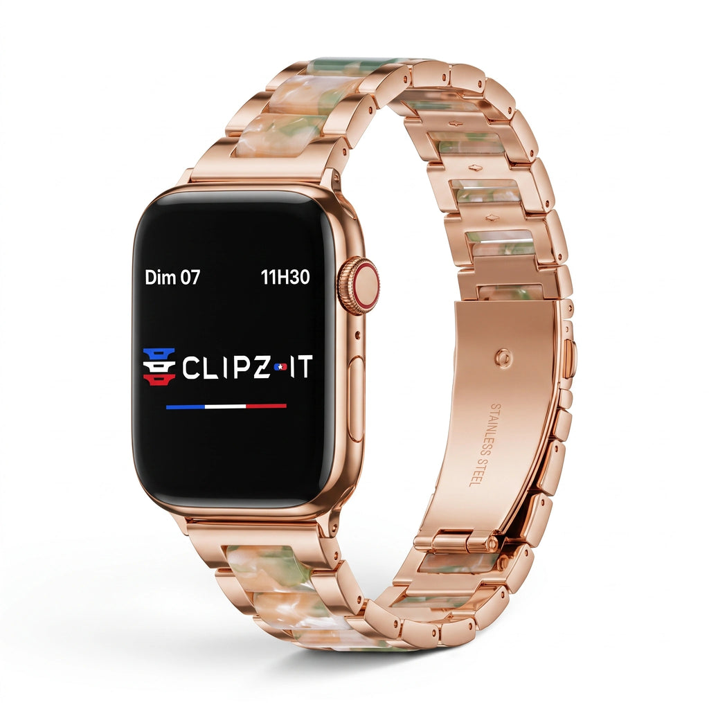 Bracelet Nacre acier inoxydable pink, vue de face - Apple Watch | Clipz-it