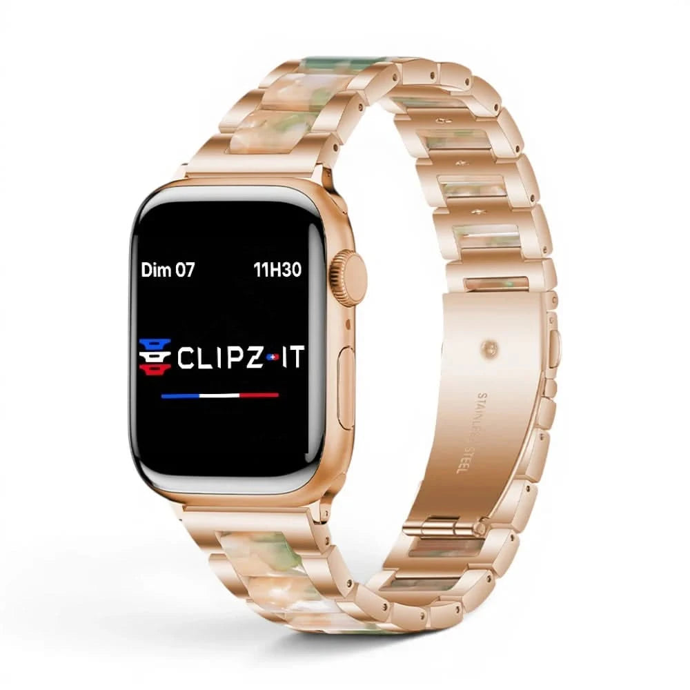 Bracelet Nacre acier inoxydable pink, vue de face - Apple Watch | Clipz-it
