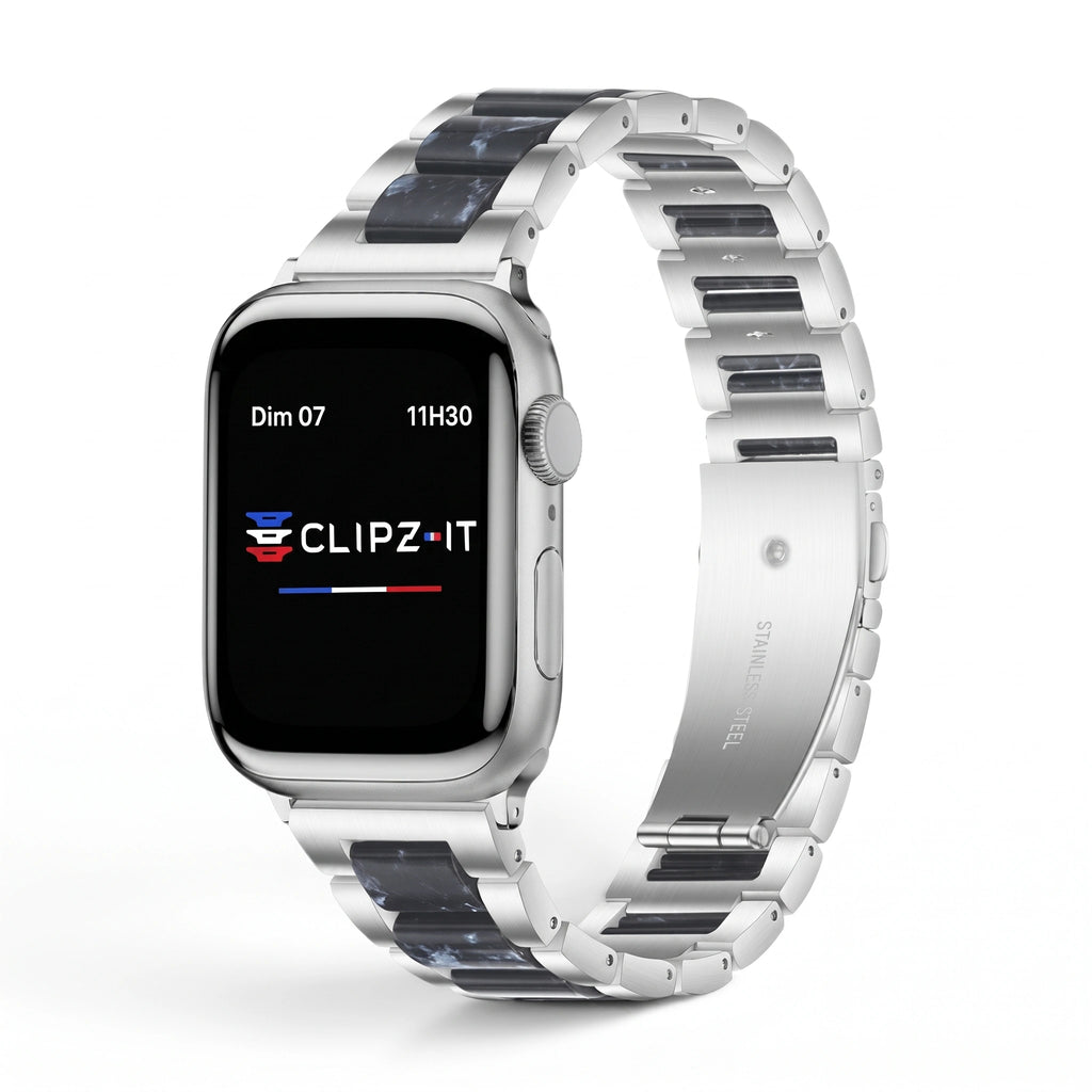Bracelet Nacre acier inoxydable saphir, vue de face 2 - Apple Watch | Clipz-it