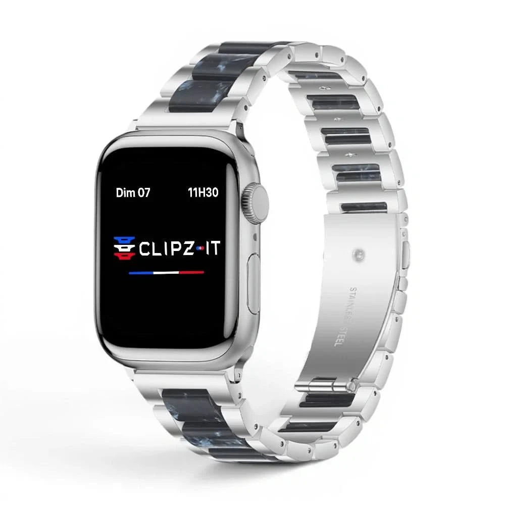 Bracelet Nacre acier inoxydable saphir, vue de face 2 - Apple Watch | Clipz-it