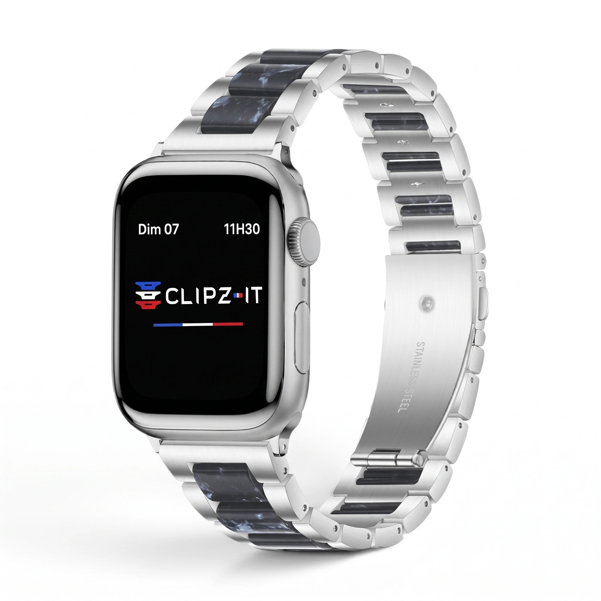Bracelet Nacre acier inoxydable saphir, vue de face 2 - Apple Watch | Clipz-it