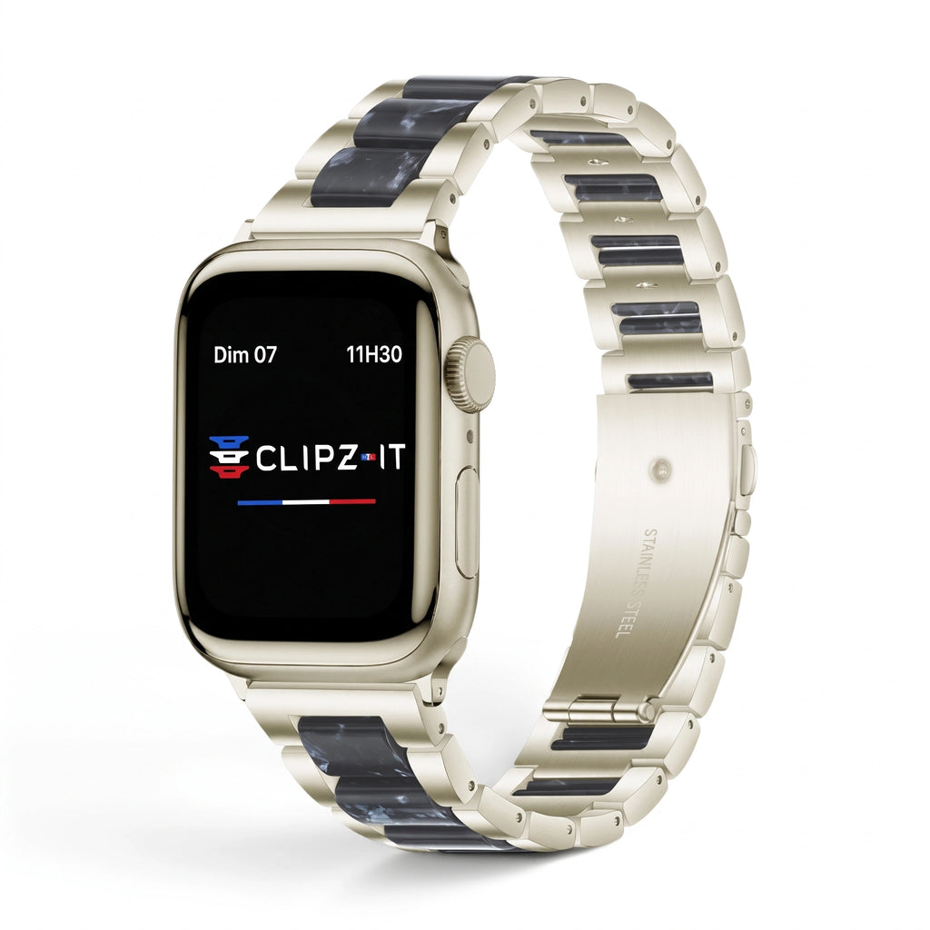 Bracelet Nacre acier inoxydable saphir, vue de face 3 - Apple Watch | Clipz-it