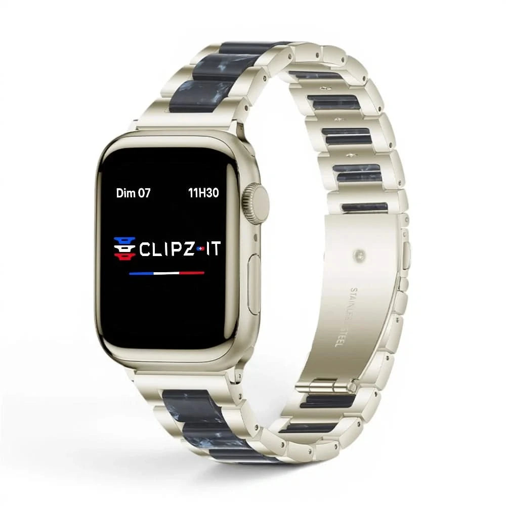 Bracelet Nacre acier inoxydable saphir, vue de face 3 - Apple Watch | Clipz-it